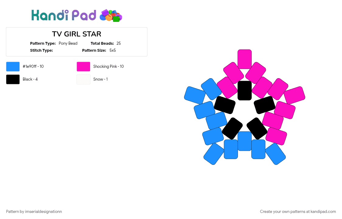 TV GIRL STAR - Pony Bead Pattern by imserialdesignationn on Kandi Pad - blue and pink, blue and pink star, ithinkiliketvigirl, light blue, pink, pink and blue, star, tv girl, tvgirl, who really cares