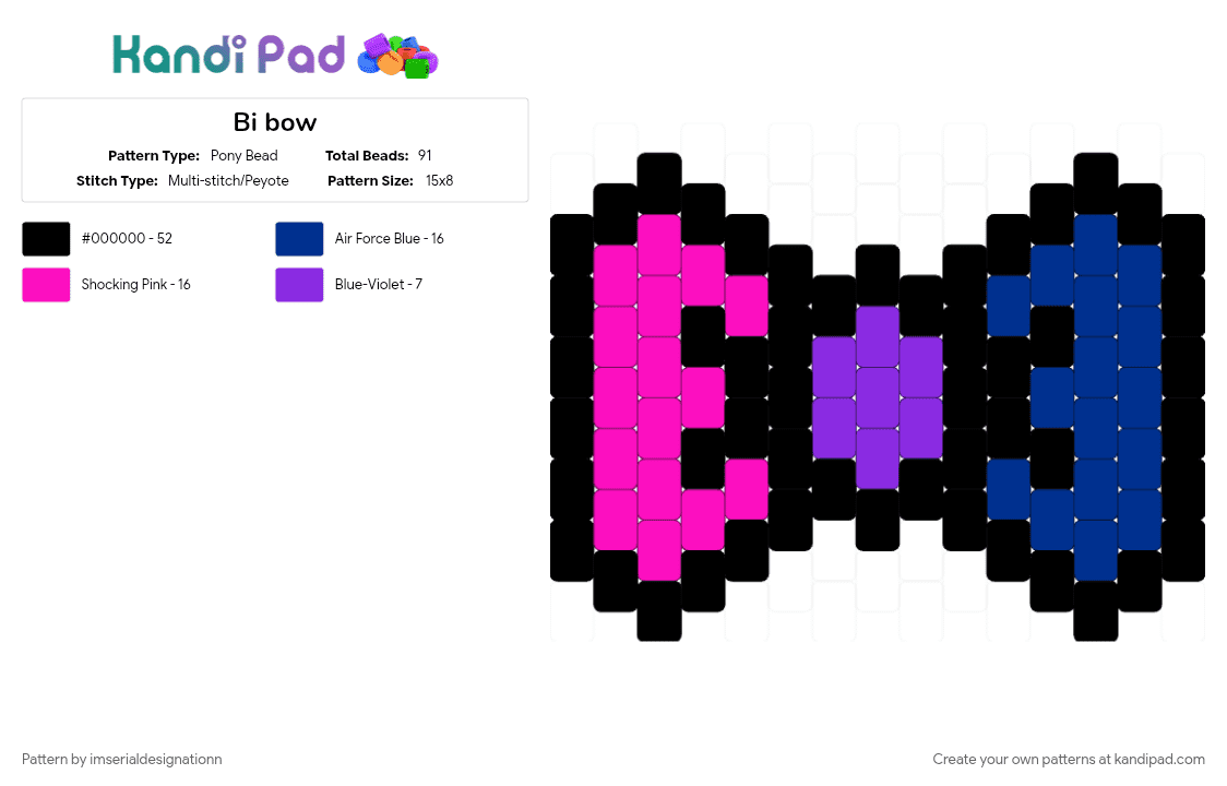 Bi bow - Pony Bead Pattern by imserialdesignationn on Kandi Pad - bi, bisexual, black, blue, bow, cotdbows, pink, pride