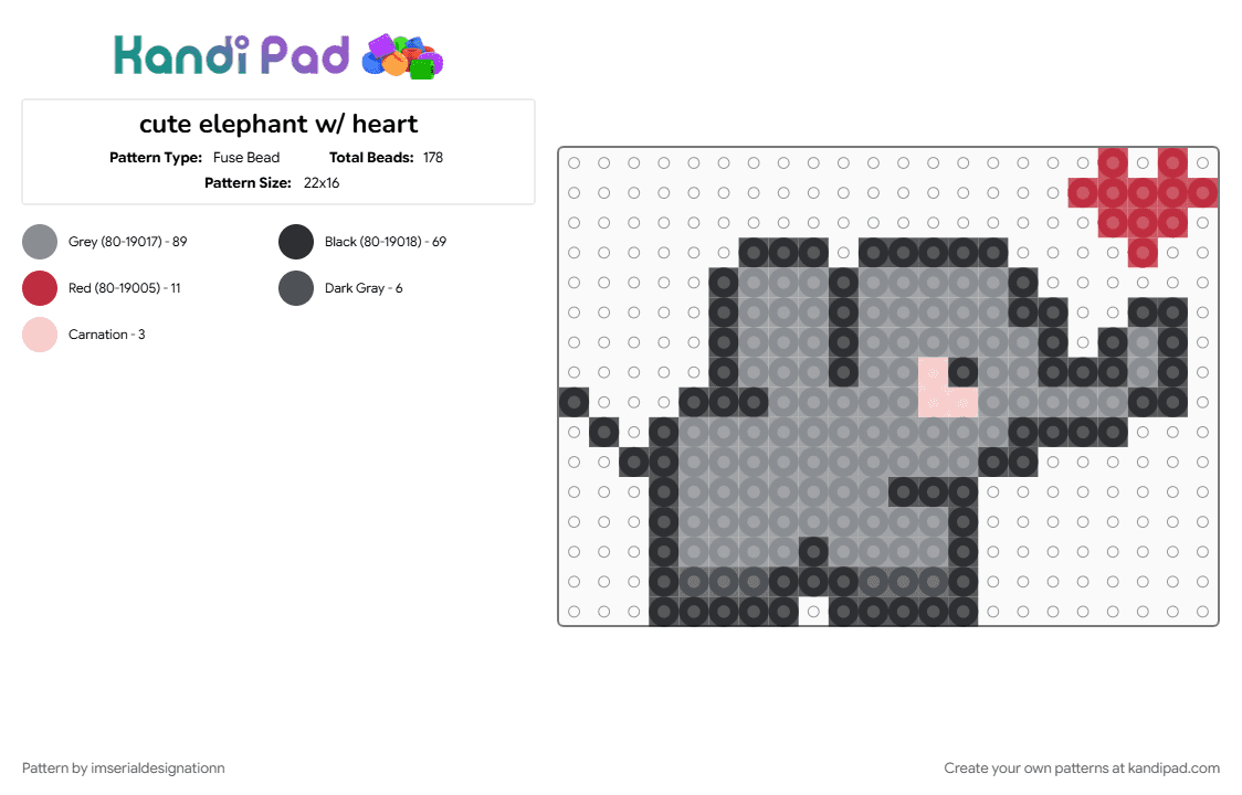 cute elephant w/ heart - Fuse Bead Pattern by imserialdesignationn on Kandi Pad - animal, cotdelephants, cute, elephant, gray, heart, love
