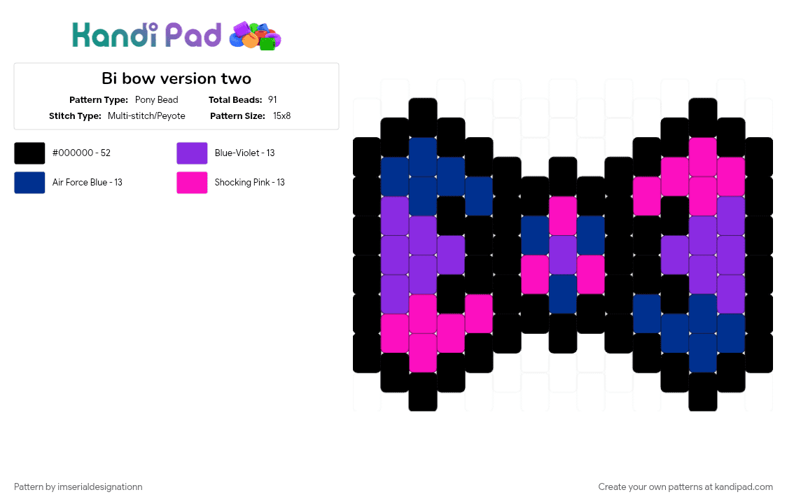Bi bow version two - Pony Bead Pattern by imserialdesignationn on Kandi Pad - bi, bisexual, black, blue, bow, cotdbows, pink, pride, purple