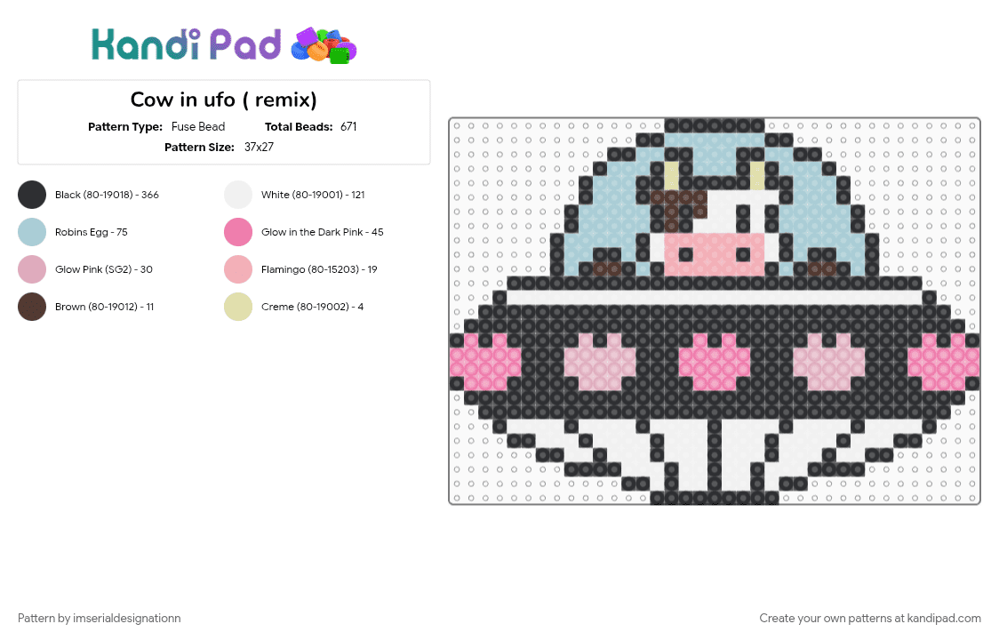 Cow in ufo ( remix) - Fuse Bead Pattern by imserialdesignationn on Kandi Pad - animal, black, cow, cute, light blue, pink, ufo