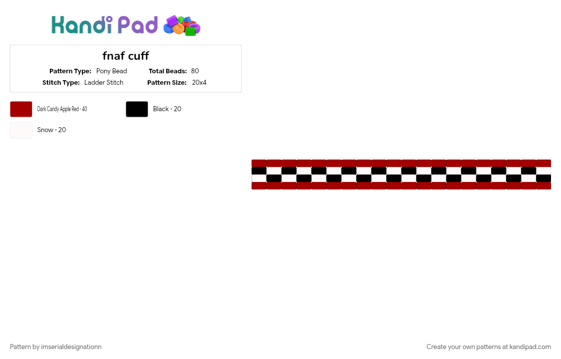 fnaf cuff - Pony Bead Pattern by imserialdesignationn on Kandi Pad - black and white, black red and white, five nights at freddys, fnaf, horror, red, spooky, white