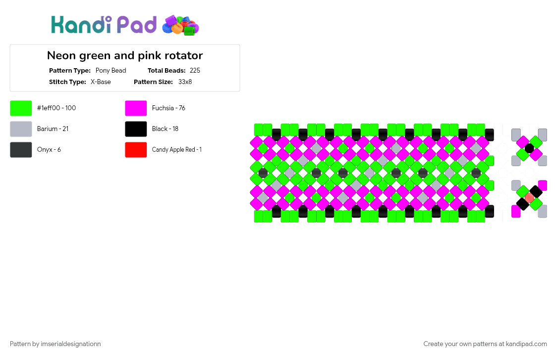 Neon green and pink rotator - Pony Bead Pattern by imserialdesignationn on Kandi Pad - green, hot pink, invader zim, neon, neon green, neon pink, pink, pink and green