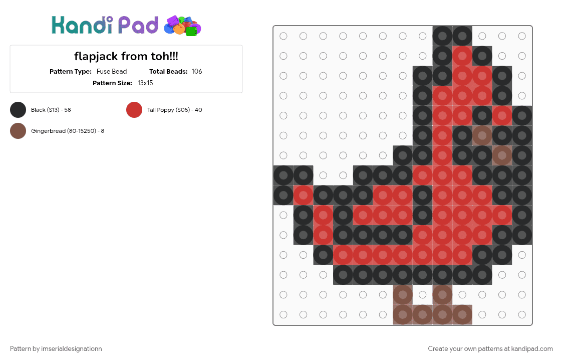 flapjack from toh!!! - Fuse Bead Pattern by imserialdesignationn on Kandi Pad - cardinal, character, cotdbirds, flapjack, red, toh