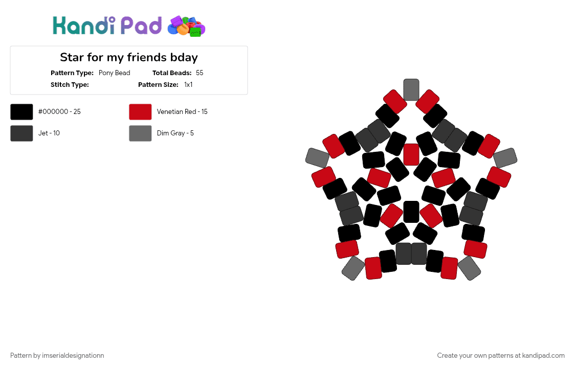 Star for my friends bday - Pony Bead Pattern by imserialdesignationn on Kandi Pad - black, black and red, red, star