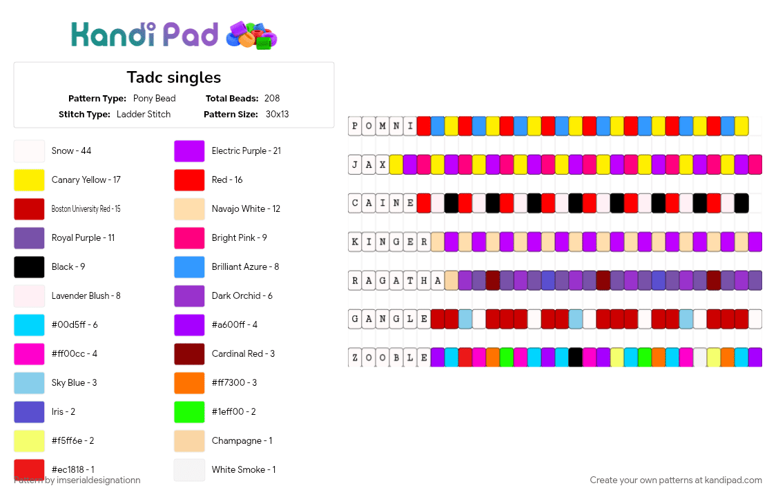 Tadc singles - Pony Bead Pattern by imserialdesignationn on Kandi Pad - cotdcircuses, light blue, purple, red, singles, tadc, the amazing digital circus, yellow