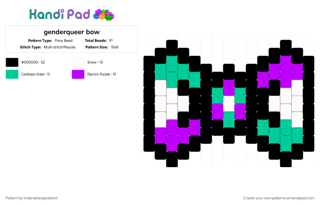genderqueer bow - Pony Bead Pattern by imserialdesignationn on Kandi Pad - black, genderqueer, genderqueer kandi, lgbtqia, pride, pride bow, purple, teal