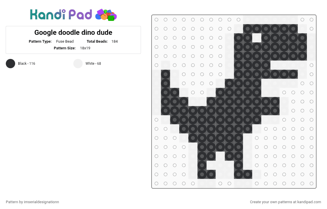 Google doodle dino dude - Fuse Bead Pattern by imserialdesignationn on Kandi Pad - black, white