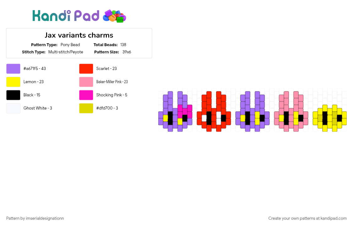 Jax variants charms - Pony Bead Pattern by imserialdesignationn on Kandi Pad - character, evil jax, isnt she lovely, jax, jax tadc, jax with bow, pink, tadc, thomas