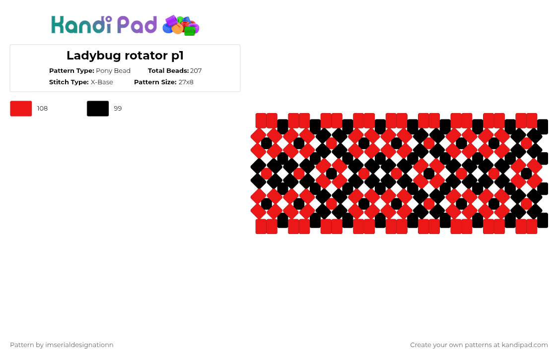 Ladybug rotator p1 - Pony Bead Pattern by imserialdesignationn on Kandi Pad - red,black,cotdladybugs