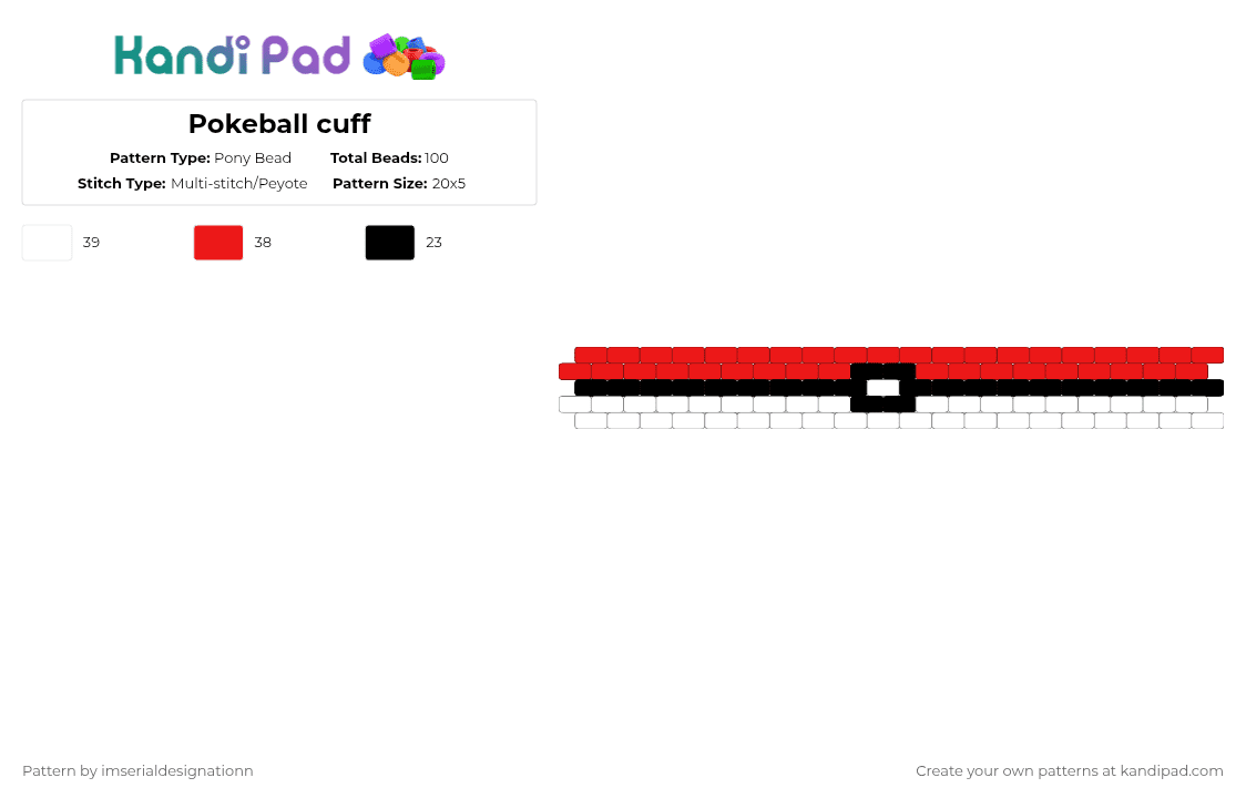 Pokeball cuff - Pony Bead Pattern by imserialdesignationn on Kandi Pad - red,white,pokemon,gaming