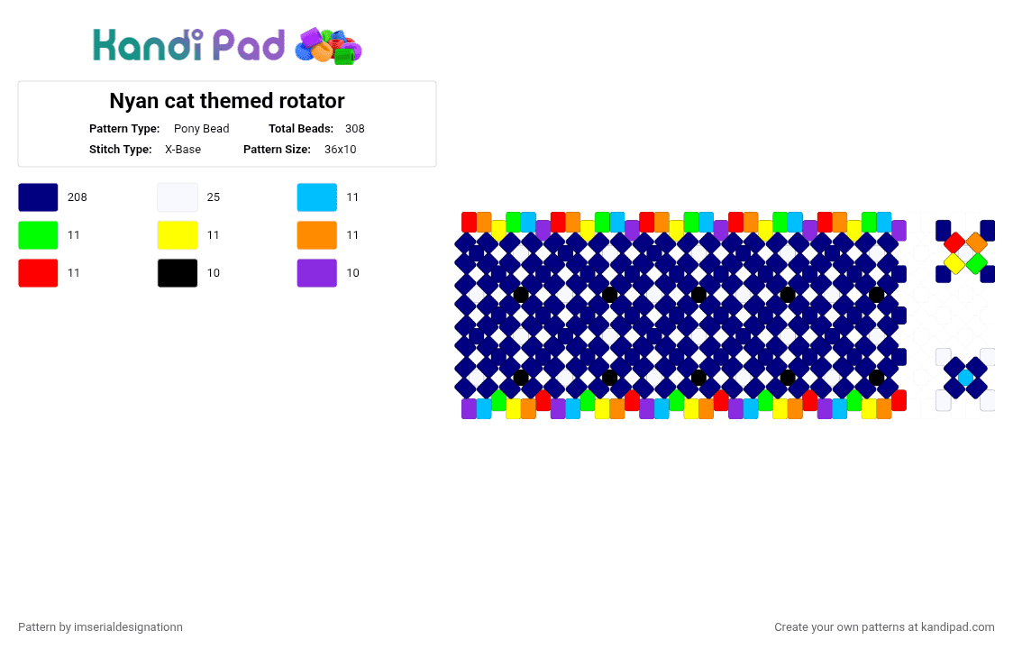 Nyan cat themed rotator - Pony Bead Pattern by imserialdesignationn on Kandi Pad - purple,nyan cat,rotator,nyan cat theme,dark blue,space,rainbow,colorful