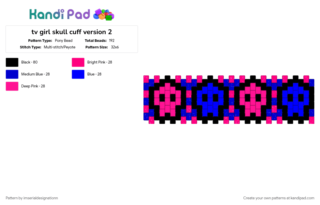 tv girl skull cuff version 2 - Pony Bead Pattern by imserialdesignationn on Kandi Pad - blue and pink, pink, pink and blue, purple, skull, skulls, tv girl, tvgirl