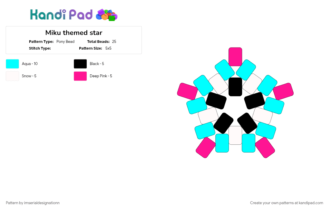 Miku themed star - Pony Bead Pattern by imserialdesignationn on Kandi Pad - hatsune miku, light blue, miku, miku hatsune, pink