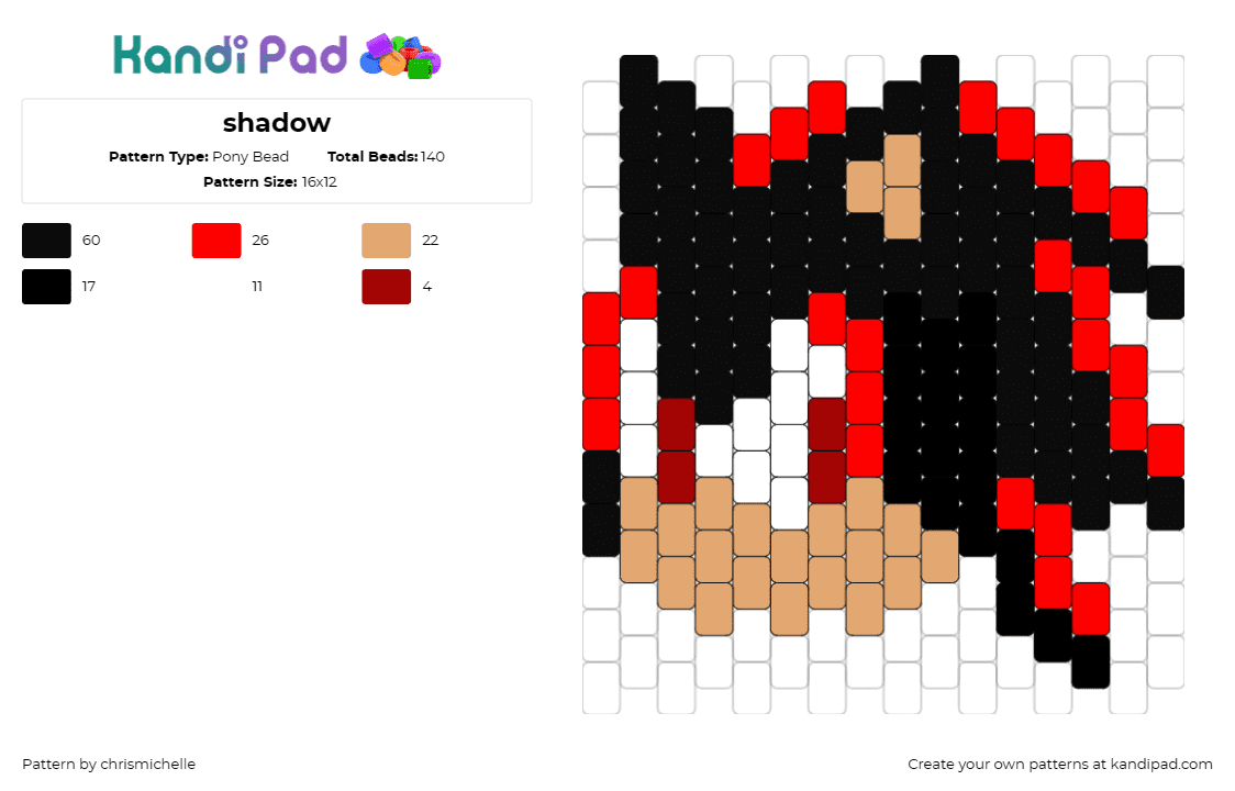 shadow - Pony Bead Pattern by chrismichelle on Kandi Pad - shadow,sonic the hedgehog,character,head,video game,sega,black,red,tan