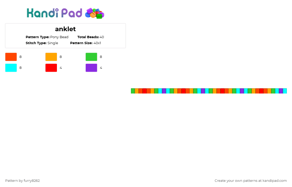 anklet - Pony Bead Pattern by furry8262 on Kandi Pad - red,orange,green,light blue