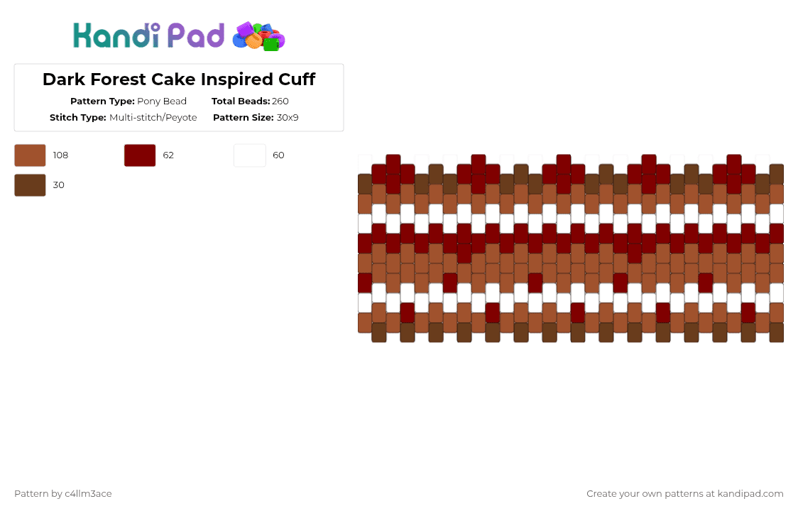 Dark Forest Cake Inspired Cuff - Pony Bead Pattern by c4llm3ace on Kandi Pad - cake,food,dessert,cuff,bracelet,red,brown