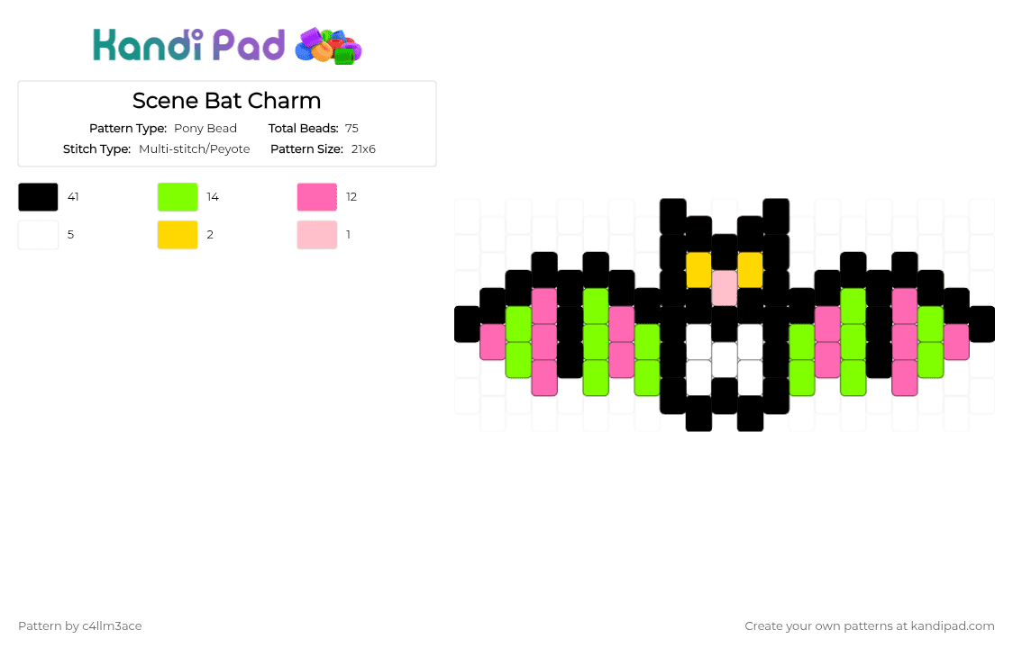 Scene Bat Charm - Pony Bead Pattern by c4llm3ace on Kandi Pad - black,pink,green