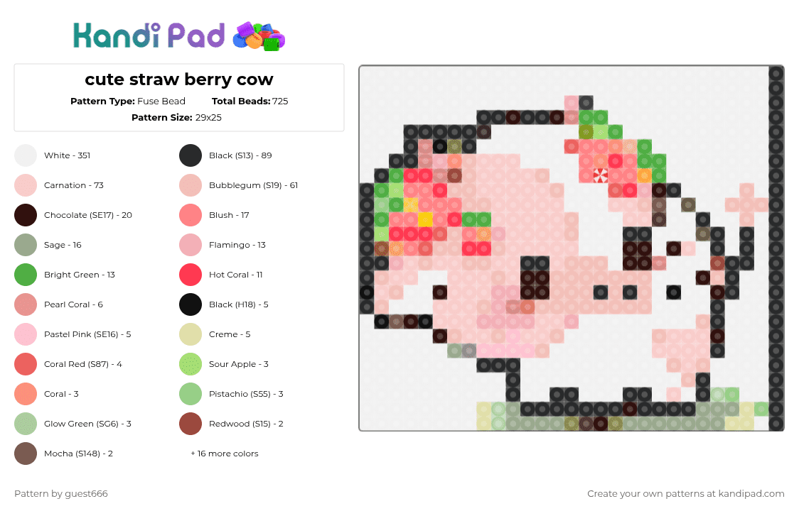 cute straw berry cow - Fuse Bead Pattern by lenon_says_lemon on Kandi Pad - 