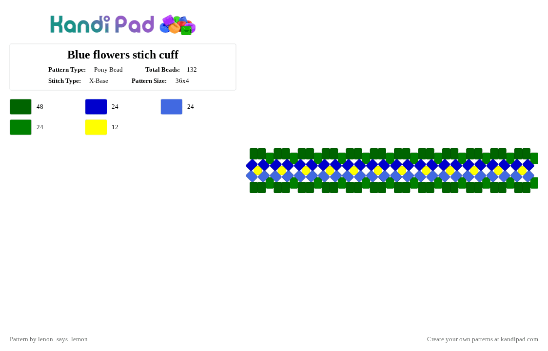 Blue flowers stich cuff - Pony Bead Pattern by lenon_says_lemon on Kandi Pad - green
