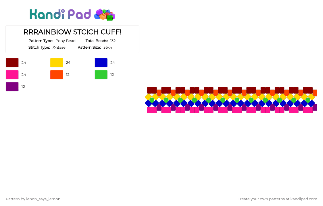 RRRAINBIOW STCICH CUFF! - Pony Bead Pattern by lenon_says_lemon on Kandi Pad - red,pink
