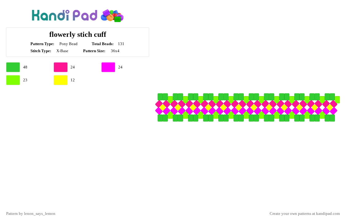 flowerly stich cuff - Pony Bead Pattern by lenon_says_lemon on Kandi Pad - green,pink