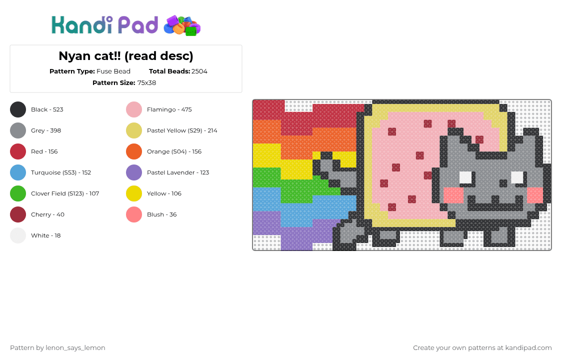Nyan cat!! (read desc) - Fuse Bead Pattern by lenon_says_lemon on Kandi Pad - gray,red,yellow,beige