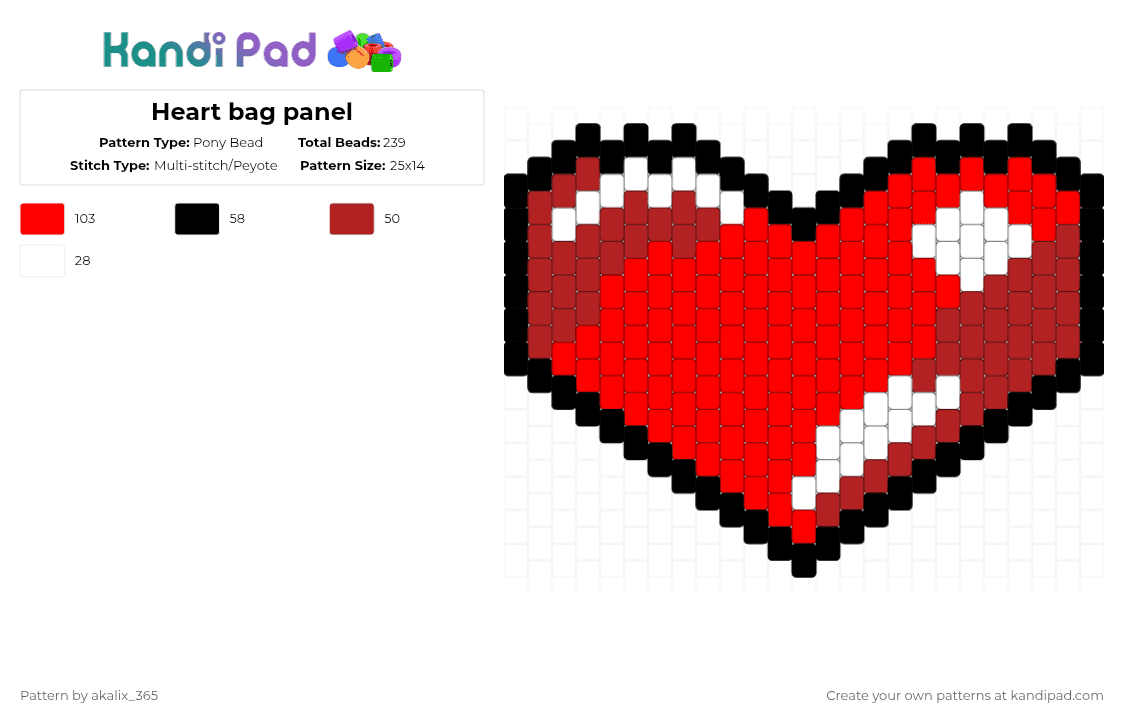 Heart bag panel - Pony Bead Pattern by akalix_365 on Kandi Pad - red
