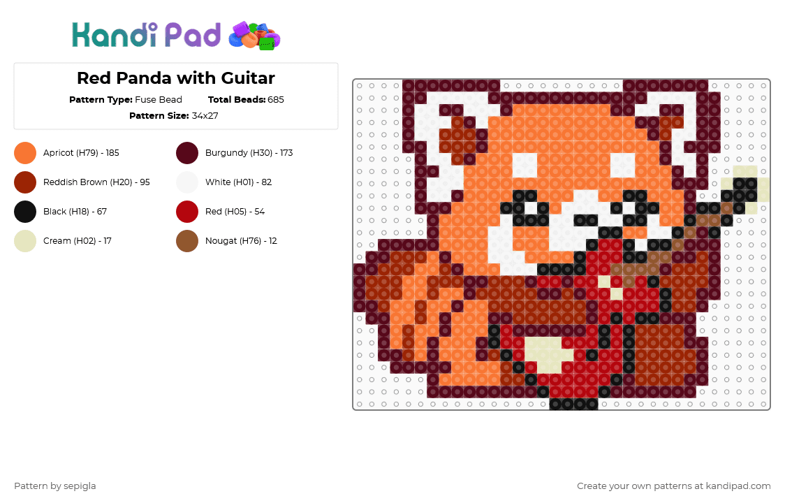 Red Panda with Guitar - Fuse Bead Pattern by sepigla on Kandi Pad - red panda,animal,guitar,instrument,cute,music,orange,brown,red