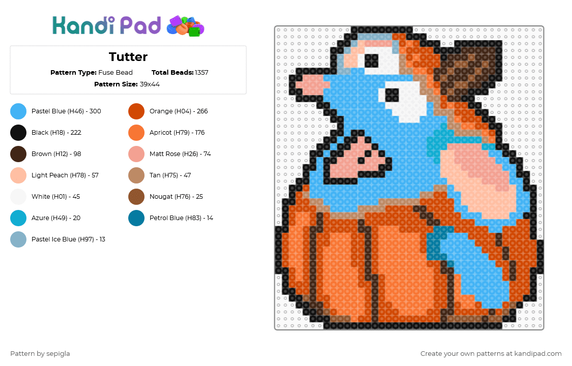 Tutter - Fuse Bead Pattern by sepigla on Kandi Pad - light blue,red,orange