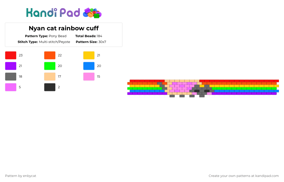 Nyan cat rainbow cuff pt:2 - Pony Bead Pattern by enbycat on Kandi Pad - pink,orange,green,purple,colorful,nyan cat,cute,cat,rainbow,rotator,silly