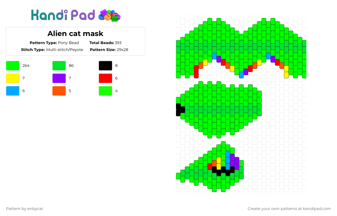 Alien cat mask - Pony Bead Pattern by enbycat on Kandi Pad - green,mask,3d,rainbow,furry,therian,cat,big