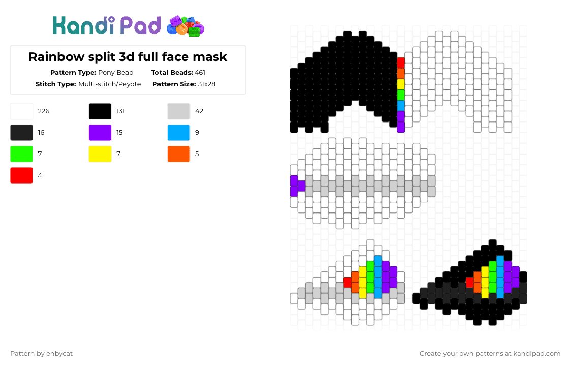 Rainbow split 3d full face mask - Pony Bead Pattern by enbycat on Kandi Pad - white,purple,green,colorful,therian,furry,mask,cat,cool,rainbow,expert,big