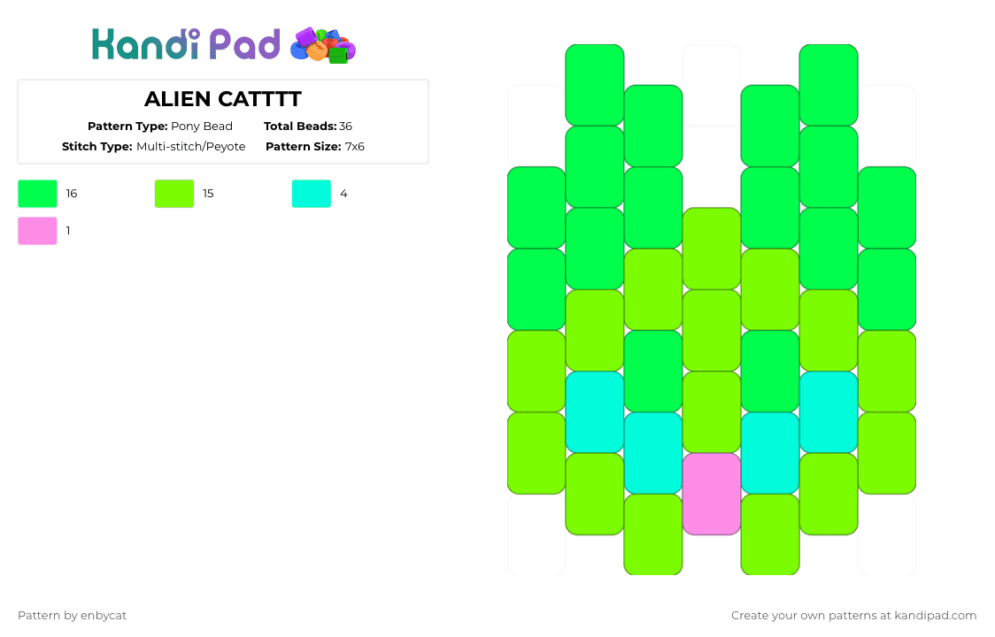 ALIEN CATTTT CHARMMM!!! - Pony Bead Pattern by enbycat on Kandi Pad - green,cat,cute,alien,alien cat,space,charm,small