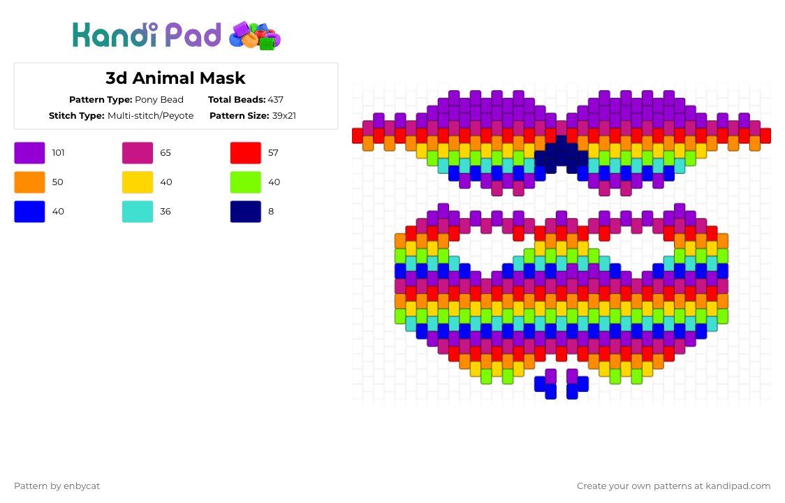 3d Animal Mask - Pony Bead Pattern by enbycat on Kandi Pad - purple,pink,red,cat,mask,3d,therian,animal mask,customise