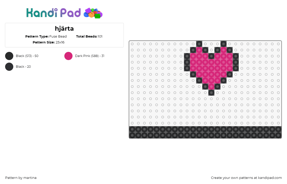 hjärta - Fuse Bead Pattern by martina on Kandi Pad - heart,armband,motif,statement,delicate,contrasting,backdrop,pink,black