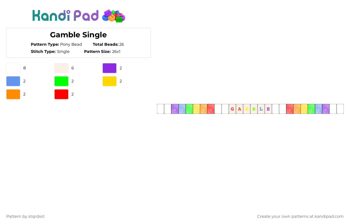 Gamble Single - Pony Bead Pattern by dxrk_anomy on Kandi Pad - white,light blue,yellow,red,colorful,rainbow,dice,single,gamble