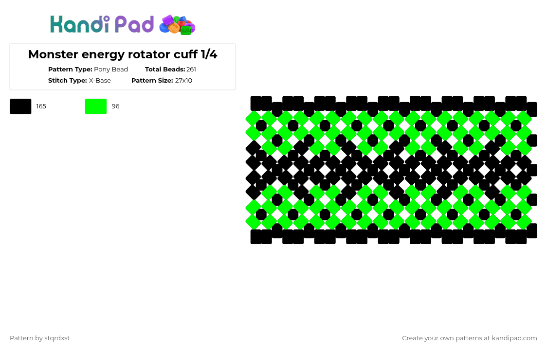 Monster energy rotator cuff 1/4 - Pony Bead Pattern by dxrk_anomy on Kandi Pad - black,green,monster energy,monster,rotator,x,3d