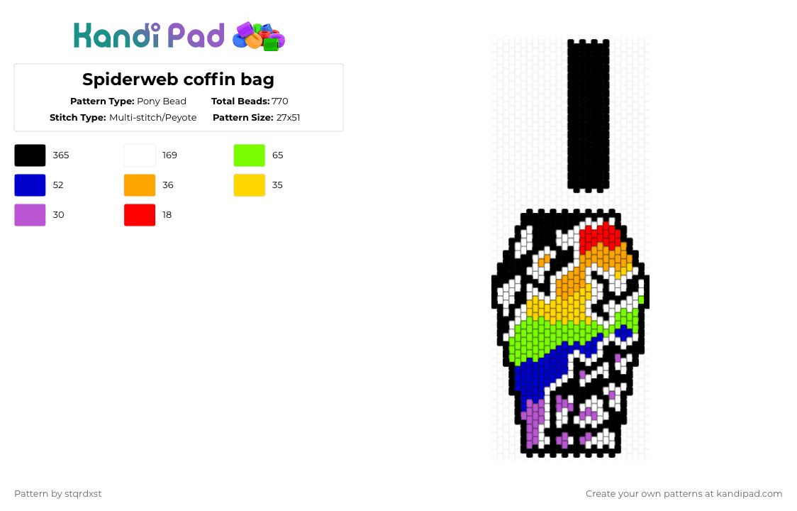Spiderweb coffin bag - Pony Bead Pattern by dxrk_anomy on Kandi Pad - black,white,green,purple,colorful,bag,coffin,webs,spiderwebs,peyote,odd,panels