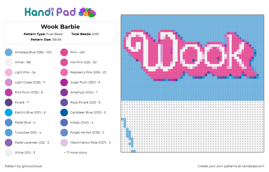 Wook Barbie - Fuse Bead Pattern by glowoutloud on Kandi Pad - wook,barbie,text,playful,whimsical,vibrant,amusing,narrative,pink,blue