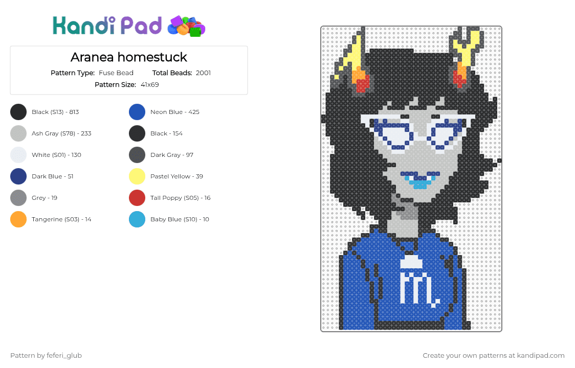 Aranea homestuck - Fuse Bead Pattern by feferi_glub on Kandi Pad - black,gray,blue,beige