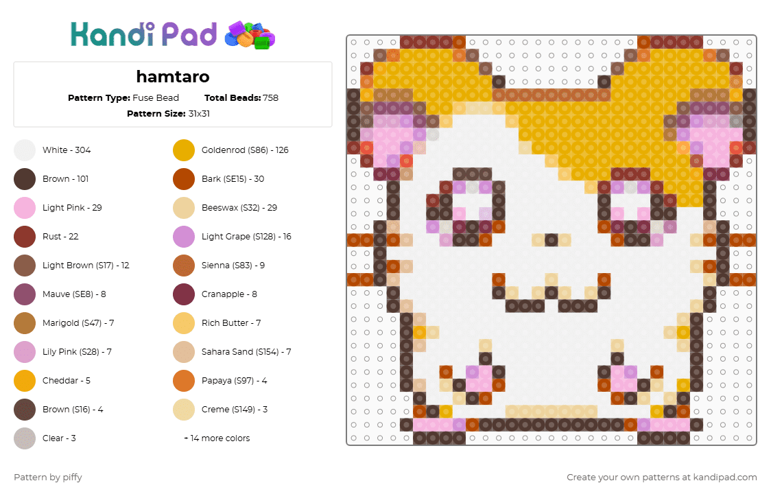 hamtaro - Fuse Bead Pattern by piffy on Kandi Pad - white,orange,brown,pink,colorful