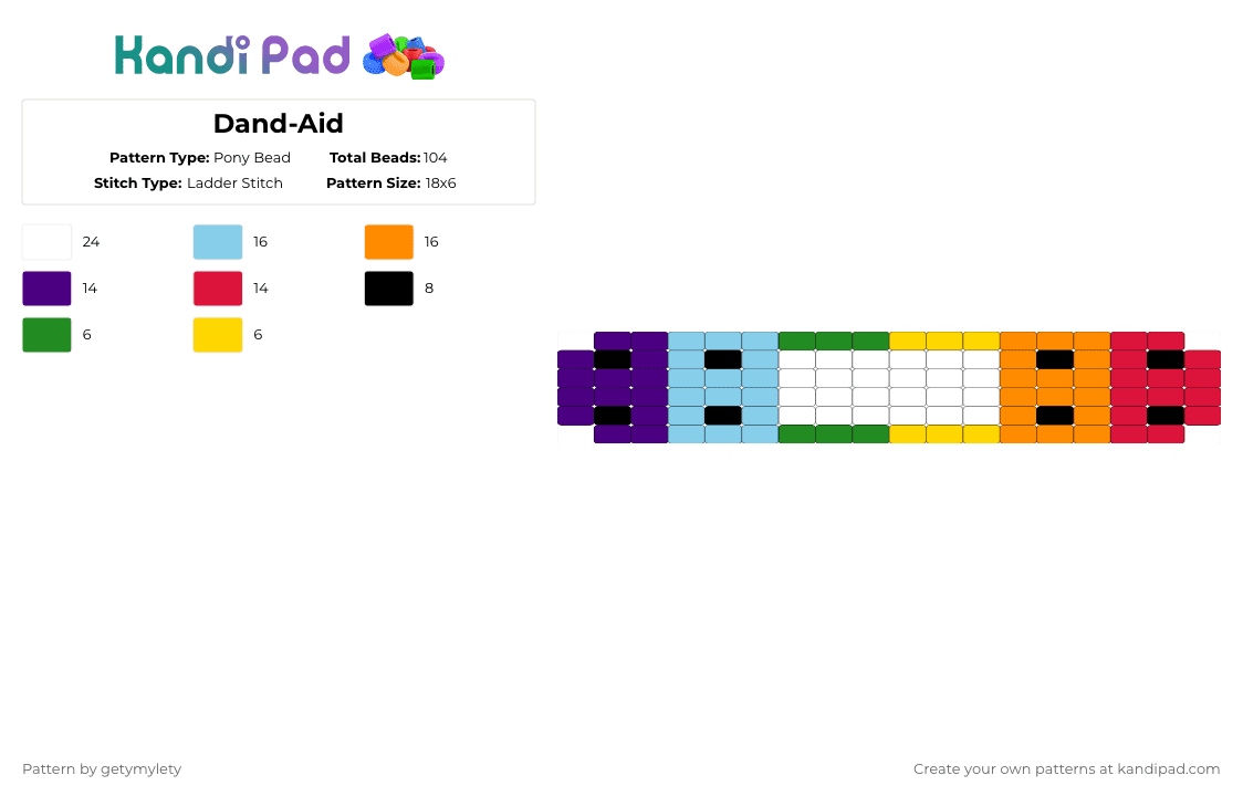 Dand-Aid - Pony Bead Pattern by getymylety on Kandi Pad - light blue, orange, purple, red