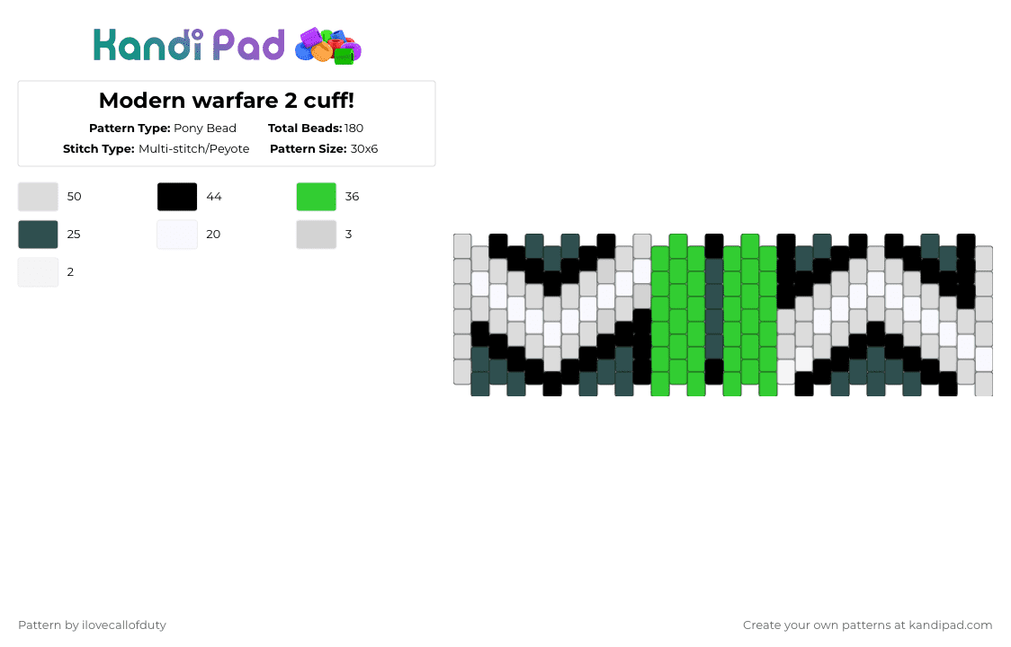 Modern warfare 2 cuff! - Pony Bead Pattern by ilovecallofduty on Kandi Pad - gray,green