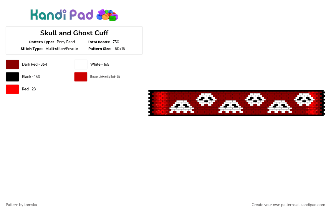 Skull and Ghost Cuff - Pony Bead Pattern by tomska on Kandi Pad - cotdabstractpatterns, red, white