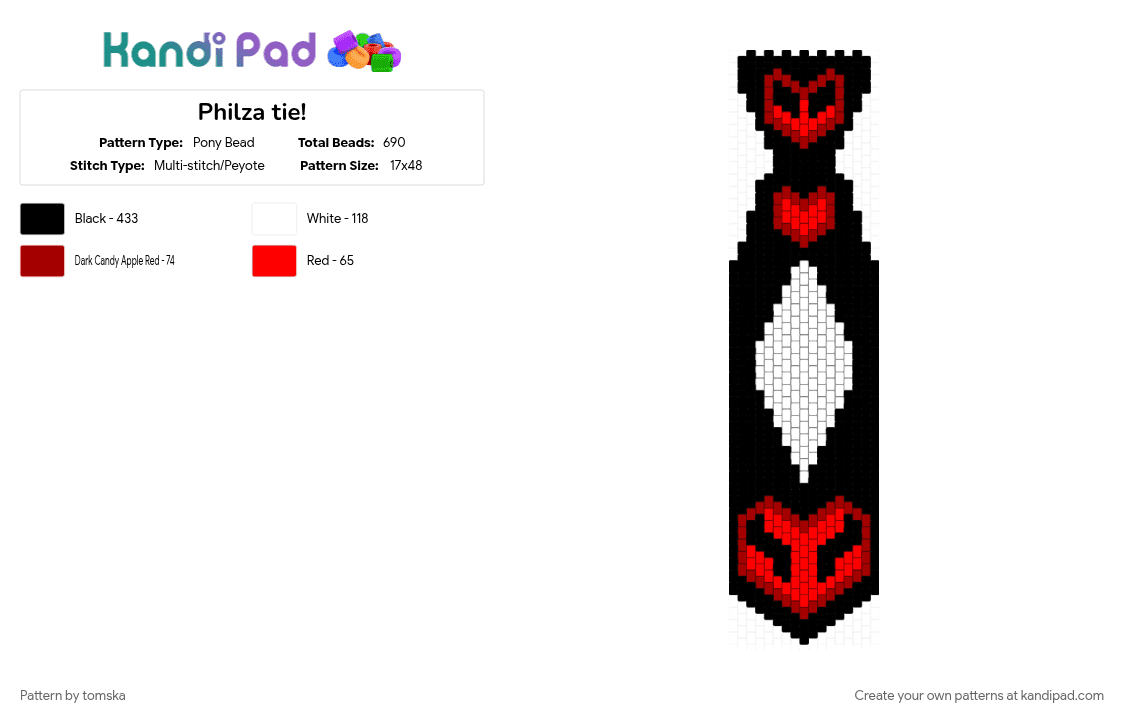 Philza tie! - Pony Bead Pattern by tomska on Kandi Pad - black, dsmp, hardcore, heart, minecraft, red, tie, white