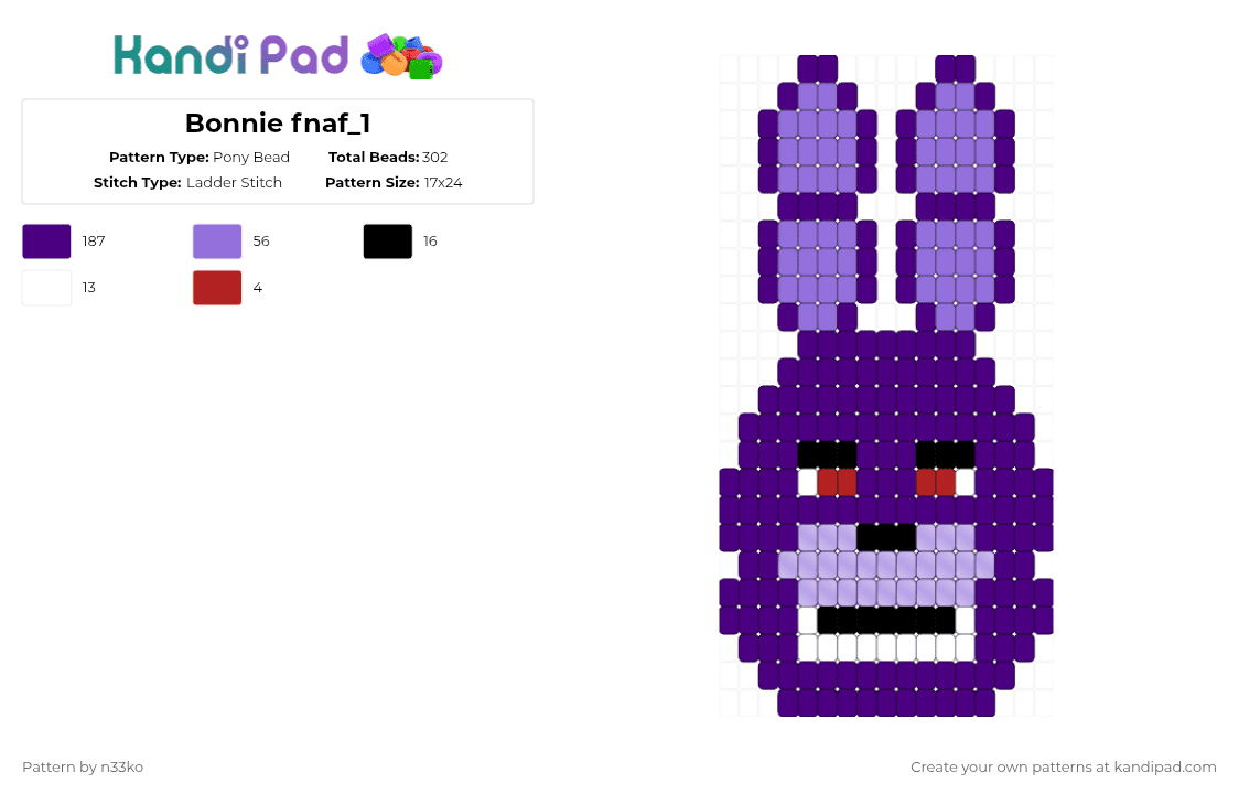 Bonnie fnaf_1 - Pony Bead Pattern by n33ko on Kandi Pad - purple,fnaf,bonnie,charm,ladder stitch,five nights at freddys