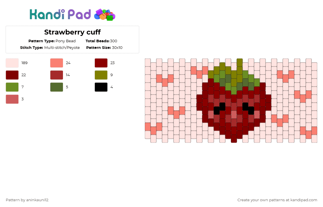 Strawberry cuff - Pony Bead Pattern by aninkauni12 on Kandi Pad - white,orange,brown,red,strawberry,heart,cute,kawaii,pink,pastel