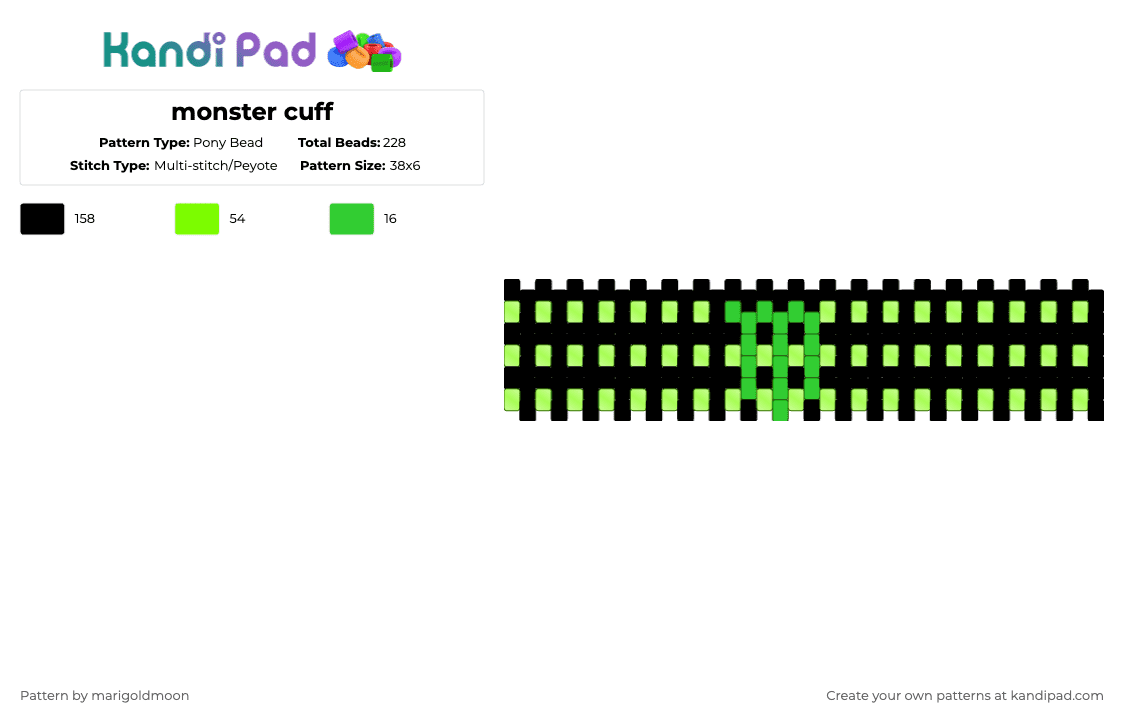monster cuff - Pony Bead Pattern by marigoldmoon on Kandi Pad - green,black