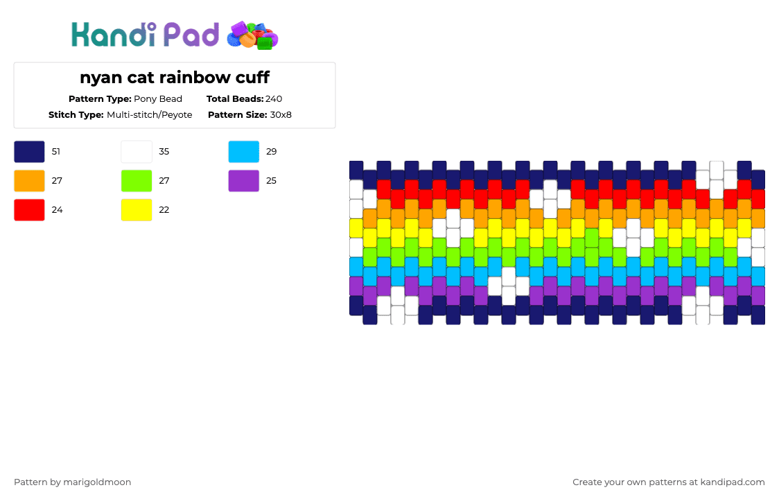 nyan cat rainbow cuff - Pony Bead Pattern by marigoldmoon on Kandi Pad - purple